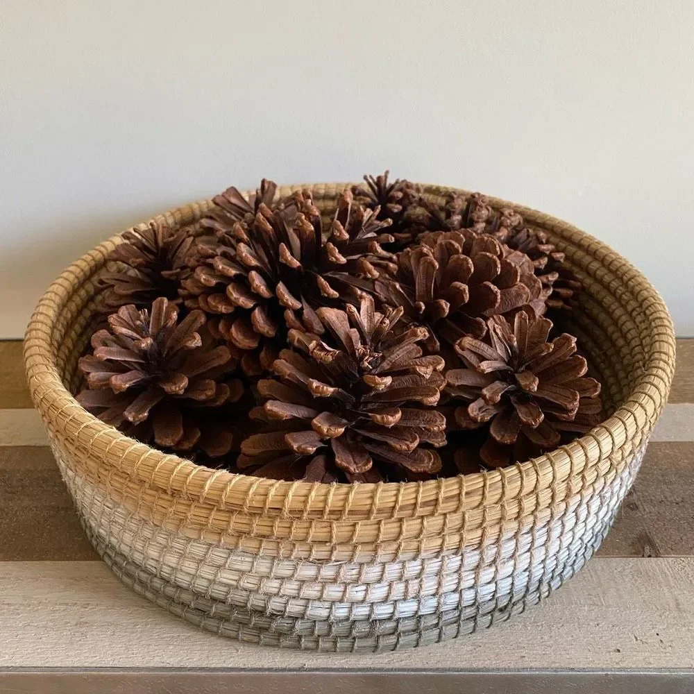 Decorative Basket Natural White & Gray Round Woven Seagrass Boho Coastal Farmhou
